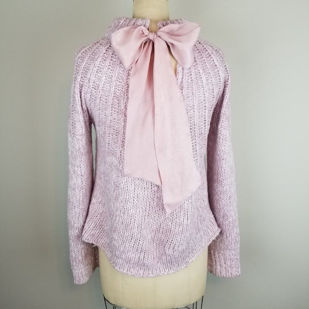 Pink Chunky Knit Long Sleeve Sweater with Matching Pink Silk Bow * Medium
